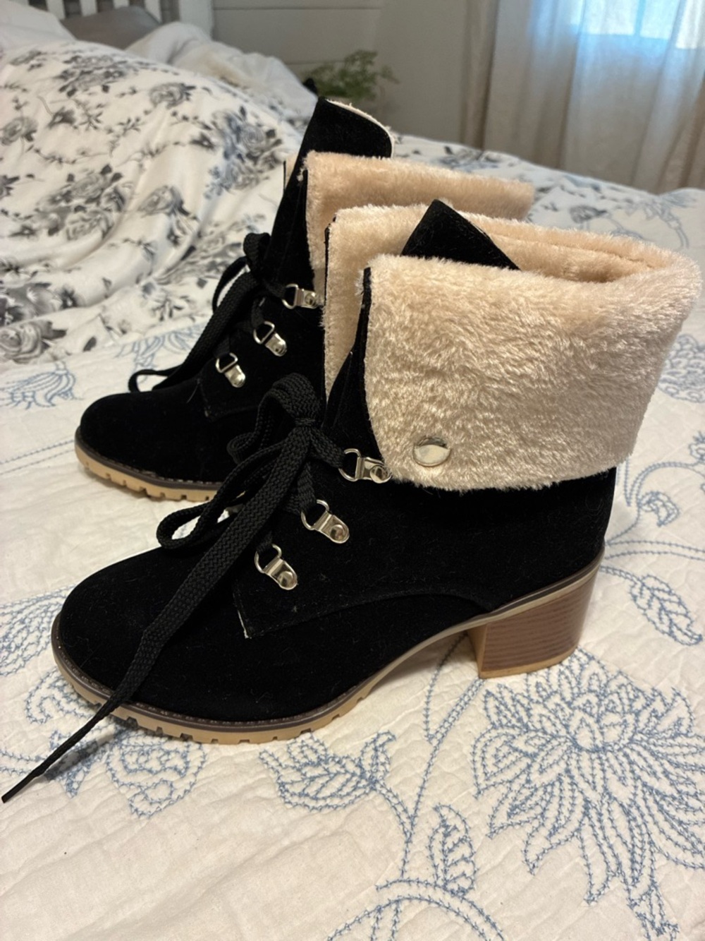 Black Faux-Suede Lace-Up Ankle Boots with Cream Faux-Fur Cuff